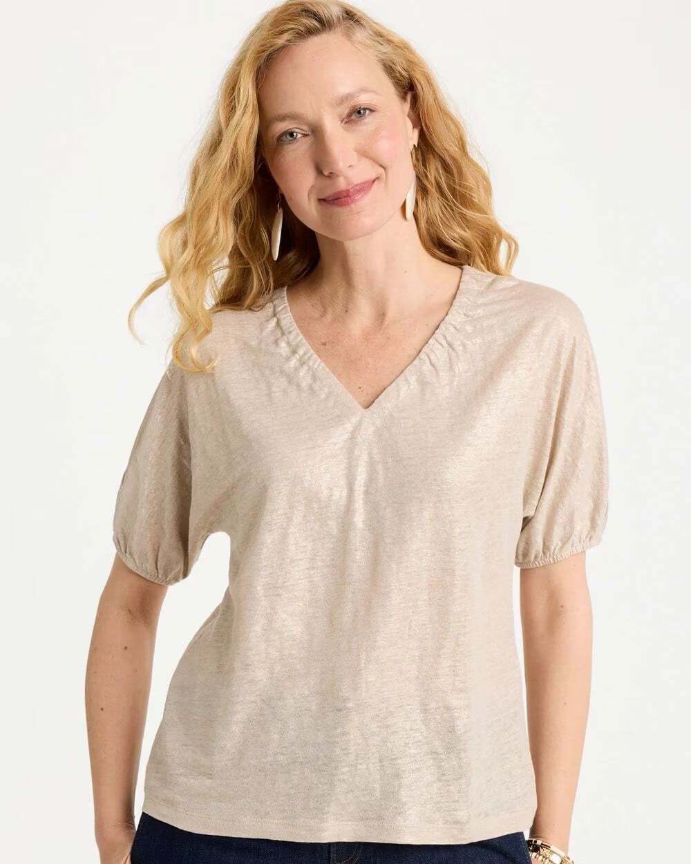 NWT Chicos 100% Linen Foil Ruched V Neck Tee Size XL (3) Tan Casual Short Sleeve